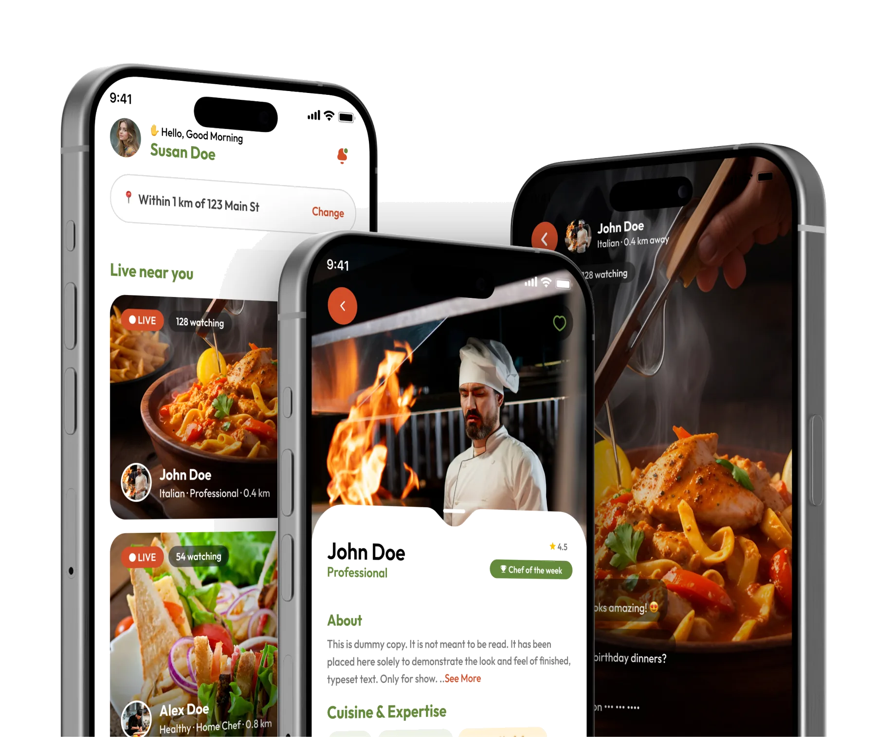 InstaChef app screens showing live chefs near you and a chef profile